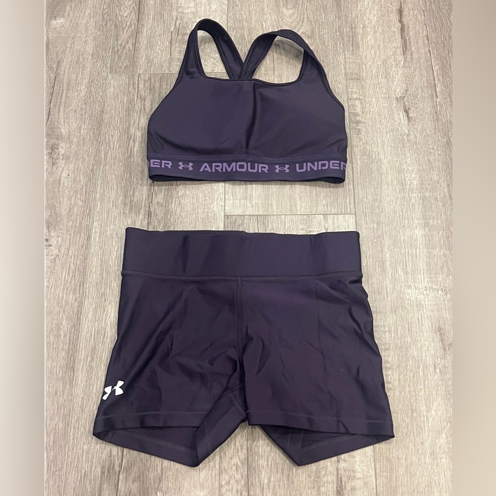 Dark Purple Workout set with sports bra and shorts from Under Armour